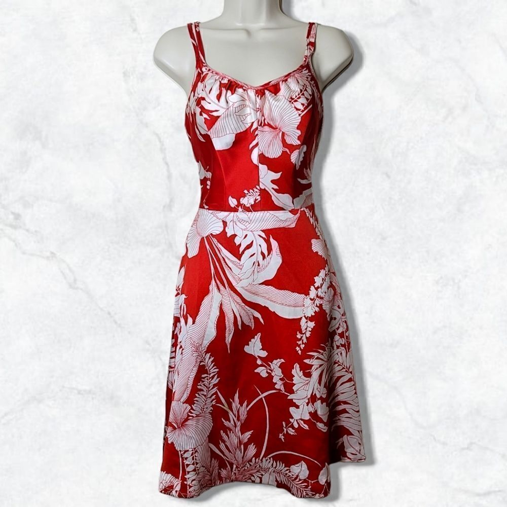 Andrade Honolulu Hawaiian Vintage 1970's Floral Red & White Spaghetti Mini Dress